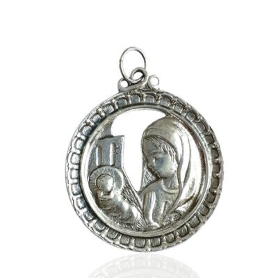 Medallla de cuna Virgen con niño calada, pequeña. Plata