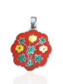 colgante esmalte redondo lobulado con diseño floral y fondo rojo joyeria-plata-granada